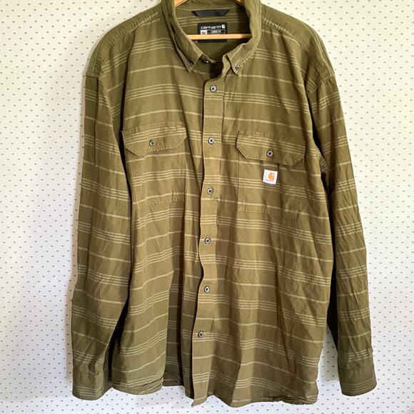 Carhartt Mens Loose Fit Button Down Shirt XXL Olive Green Stripe TW 4447-M - Picture 1 of 8